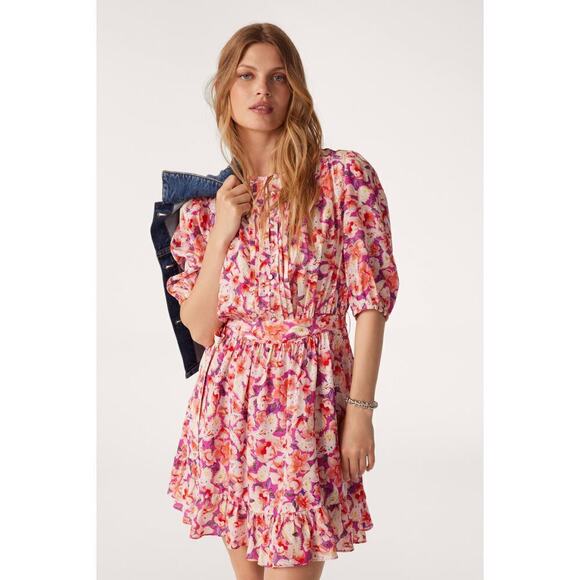 ba&sh Diamond Dress Short Puff Sleeve Belted Mini Floral Fuchsia Pink NWT Medium - Picture 1 of 12